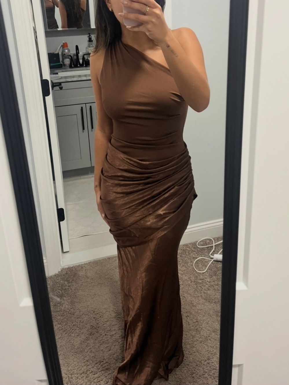 Elegant One-Shoulder Brown Evening Dress - Picture 3 of 6